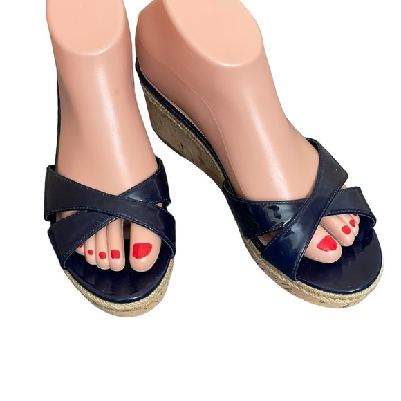 PRADA Platform Cork Wedge
Navy Blue Patent Leather
Sandals Sz EU 37.5 US 7.5 - Picture 4 of 15